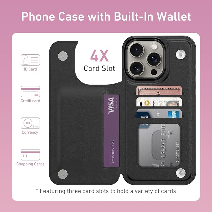 FUNMIKO for iPhone 15 Pro Max Wallet Case with Card Holder, RFID-Blocking, Military-Grade Protection & UV-Printed Artwork, Magnetic Closure with Leather Kickstand - Black