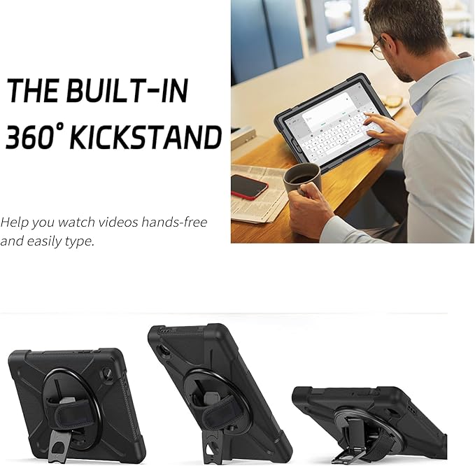 ZenRich Carrying Case for Samsung Galaxy Tab A7 Lite 2021 8.7'' SM-T220/T225/T227, Heavy Duty Rugged Full-Body Protective Case with [360 Rotating Stand] [Hand Strap][Shoulder Belt], Black