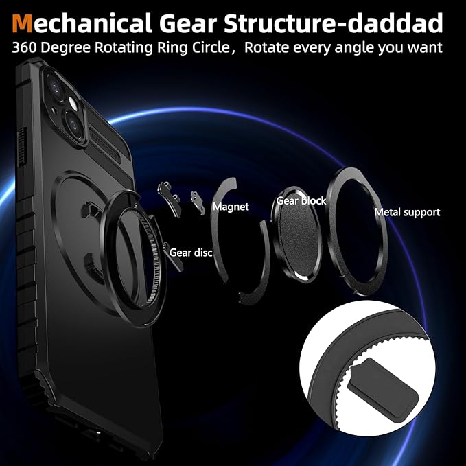 for iPhone 15 Case Compatible with MagSafe Magnetic,with 2 Tempered Glass Screen Protectors,Built-in 360°Kickstand Ring,Military Grade Drop Shockproof Heavy Duty Protection Phone Bumper Black