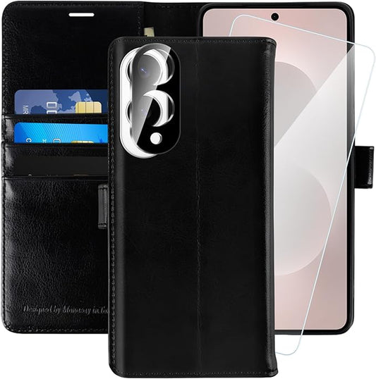 MONASAY Wallet Case Fit for Samsung Galaxy S25 Edge 5G，[Lens & Glass Screen Protector] [RFID Blocking] Flip Folio Leather Cell Phone Cover with Credit Card Holder, 6.7 inch, Black