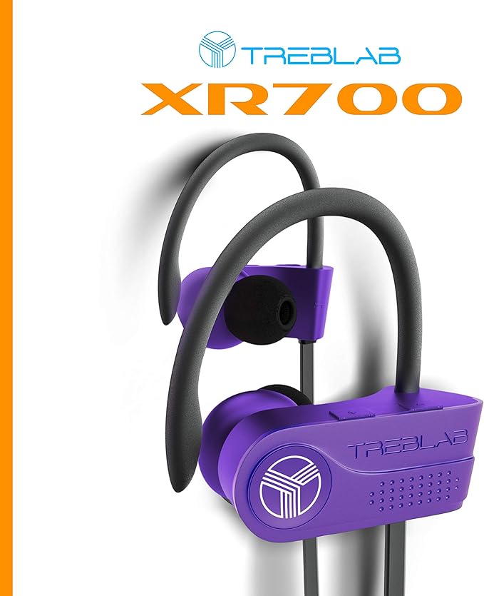 TREBLAB XR700 Wireless Earbuds - Bluetooth 5.0, IPX7 Waterproof, Noise Cancelling, Adjustable Earhooks, 9H Battery, Deep Bass, Mic - Sports Running Headphones for Workouts, Gym, Travel