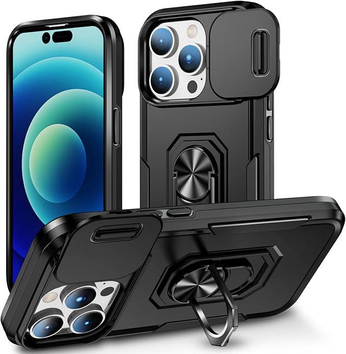 Case for iPhone 14 Pro Max Phone Case iPhone 14 Pro Max Case with Slide Camera Cover, with Finger Ring Holder Stand, fit Magnetic Car Mount, for iPhone 14 Pro Max - Black