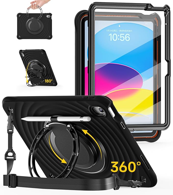 BRAECN Ripple Case for iPad (A16)11th/10th Generation 11/10.9 inch 2025/2022 Zinc Alloy Handle Ring Stand Protective Heavy Duty Screen Protector 360°Rotating 180°Folding Shoulder Strap Full-Body Cover