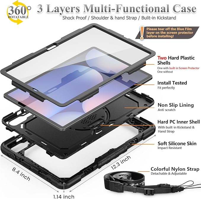 SEYMAC stock Case for Samsung Galaxy Tab S10 Plus/ S9 FE Plus/ S9 Plus 5G Tablet 12.4'' Case with Screen Protector Pencil Holder [360 Rotating Hand Strap] &Stand, Drop-Proof, Black1