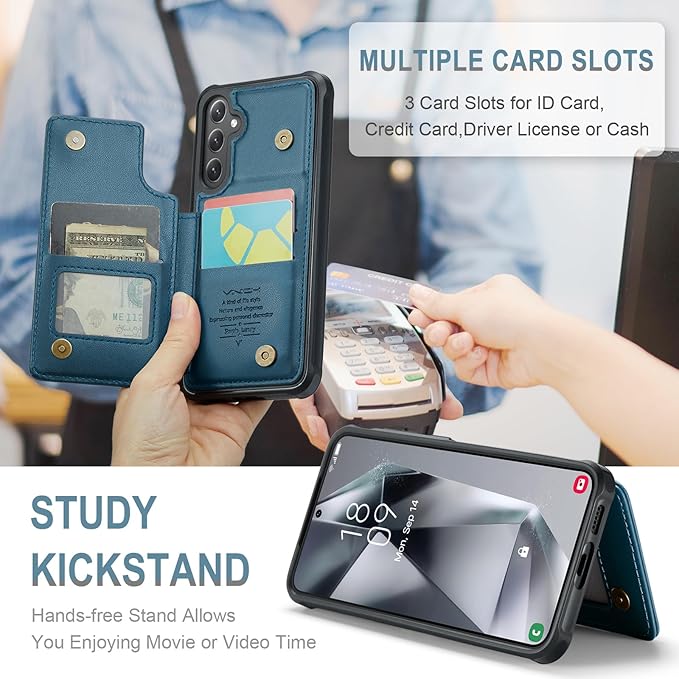 Vinich for Samsung Galaxy S24 Wallet Case with Card Holder, RFID Blocking Credit Slots Kickstand Shockproof Phone Cover for Women Men, Blue