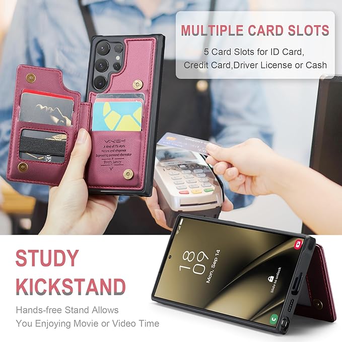 Vinich for Samsung Galaxy S25 Ultra Wallet Case with Card Holder, RFID Blocking Credit Slots Kickstand Shockproof Phone Cover for Women Men, Wine Red