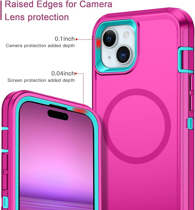 for iPhone 14 Plus Case,iPhone 15 Plus Case [Compatible with MagSafe] Shockproof 3-Layer Full Body Protection Rugged Heavy Duty Cover for Apple iPhone 14/15 Plus 6.7",Rose Red/Green