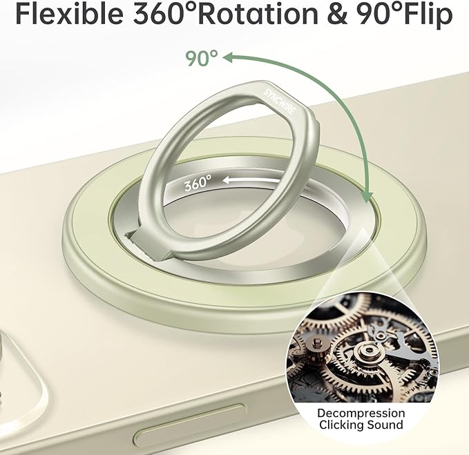 SYNCWIRE Magnetic Phone Ring Holder for MagSafe, 360° Rotation Cell Phone Grip Stand Finger Ring Kickstand Two-Sided Magnet Compatible with iPhone 17 Pro Max 16 15 14 13 12 MagSafe Accessories