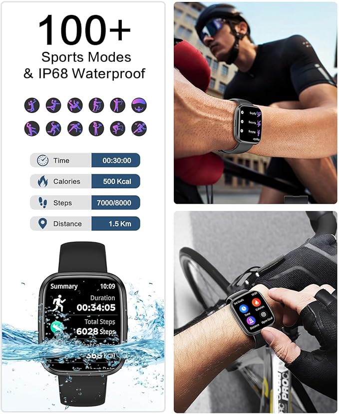 Smart Watches for Men/Women, 1.75" Bluetooth Call, AI Voice Smartwatch, 24/7 Heart Rate Monitor, Blood Pressure/SpO2/Sleep Tracker, IP68 Waterproof, 100+ Sports Fitness Tracker for Android iOS Black