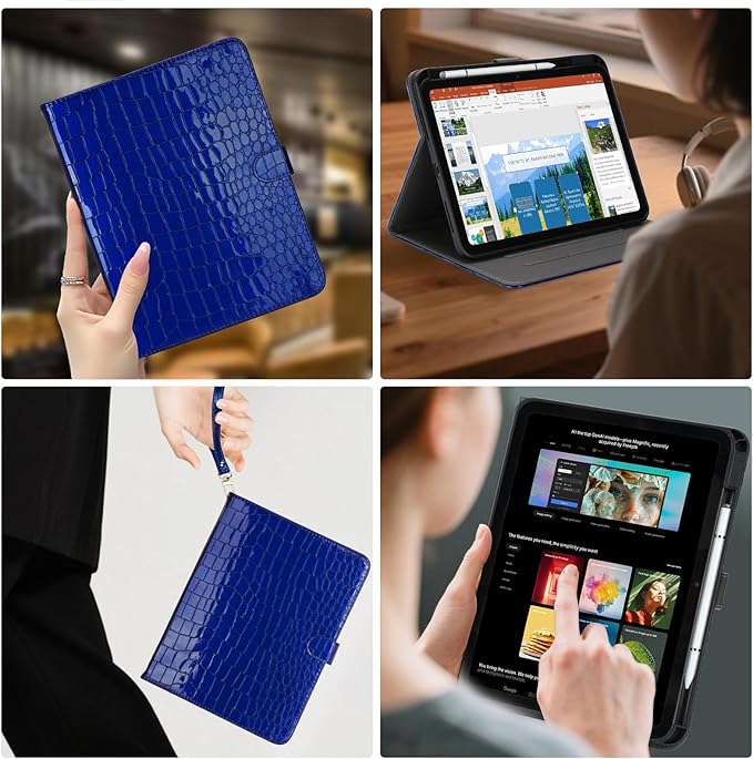 Elegant Case for Samsung Galaxy Tab A9 Plus 11 Inch 2023（Model: SM-X210/X216/X218）, Premium Leather Crocodile Cover | Stand | Card Pockets| Wrist Strap| S Pen Holder (Sapphire Blue)