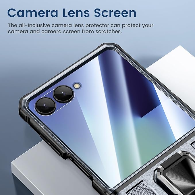 VEGO for Z Flip 7 Case, Samsung Galaxy Flip 7 Case with 360° Rotatable Ring Kickstand & Belt Clip Holster & 9H HD Tempered Glass Camera Screen Protector & Hinge Protection, Shockproof Cover - Grey