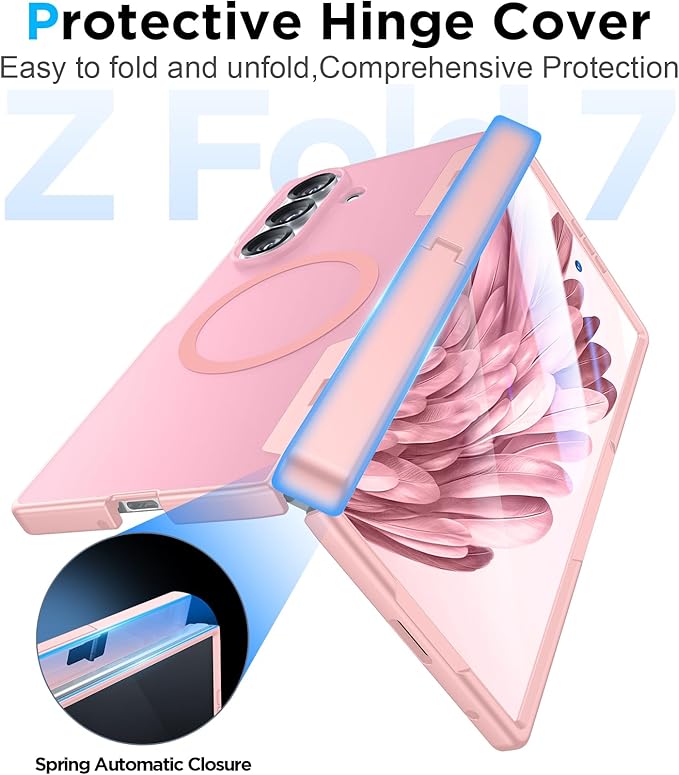 Temdan Magnetic for Samsung Galaxy Z Fold 7 Case,[Compatible with MagSafe][Built-in HD Screen Protector&Invisible Kickstand][Hinge Protection]Translucent Matte Shockproof Phone Case for Z Fold 7,Pink