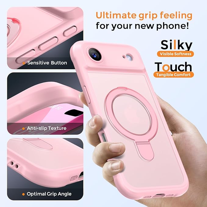 MOCCA Compatible with iPhone Air Case with Magnetic Invisible Stand [Full Camera Protection] [Compatible with Magsafe] Military Drop Shockproof Translucent Matte Phone Case Cover 6.5",Pink