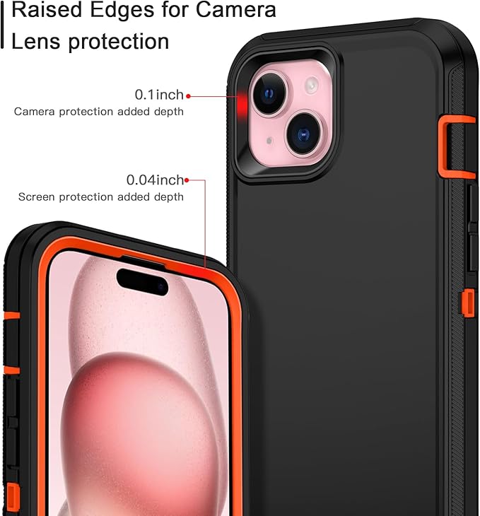 for iPhone 15 Case Shockproof Dust/Drop Proof 3-Layer Full Body Protection [Without Screen Protector] Rugged Heavy Duty Cover Case for Apple iPhone 15 6.1" 2023,Black/Orange