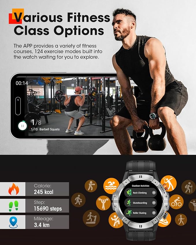 Smart Watches for Men, Bluetooth Call Military Smart Watch, Waterproof Fitness Tracker with Heart Rate/Blood Oxygen/Sleep Monitor/124 Sports Modes, Tactical Watch for Android Phones & iPhone (Silver)