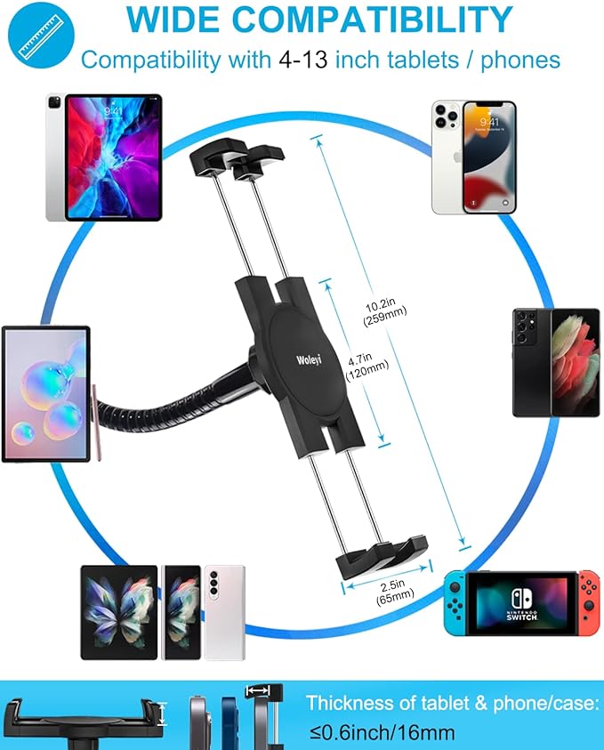 woleyi Gooseneck Tablet Holder Mount, Heavy Duty Desk/Bed Tablet Stand, Flexible Arm Clip for iPad Pro Air Mini, Galaxy Tab/Z Fold, Fire HD, Surface Pro/Go, Switch, iPhone and More 4.7-13" Devices