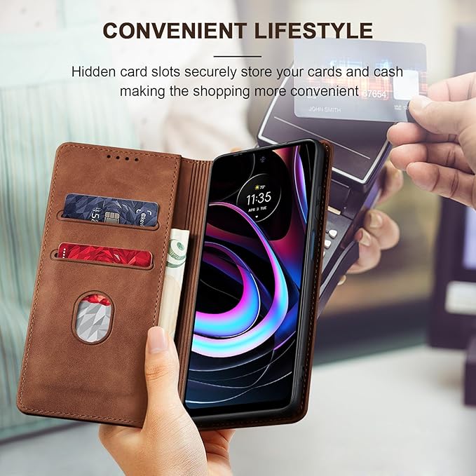 Jasonyu Flip Wallet Case for Motorola Edge 5G UW/Moto Edge (2021),Leather Magnetic Folio Cover with Card Holder,Kickstand - TPU Shockproof Durable Protective Phone Case,Brown