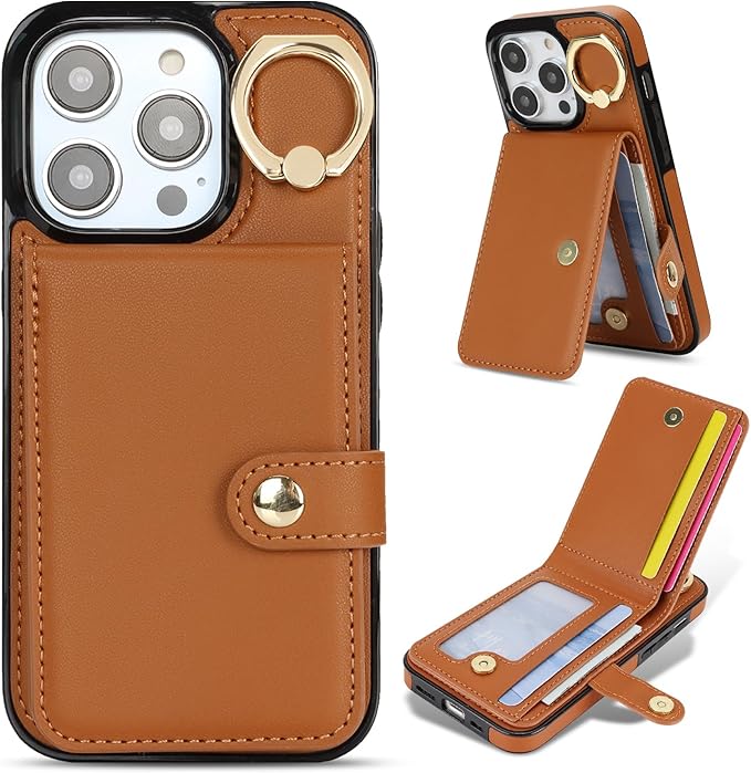 Compatible iPhone 16 Pro Wallet Case with Card Holder RFID Blocking PU Leather Doubles as a Wallet Unisex Flip Shockproof Protection with Card Slots Ring Wrist Kickstand Function,Brown