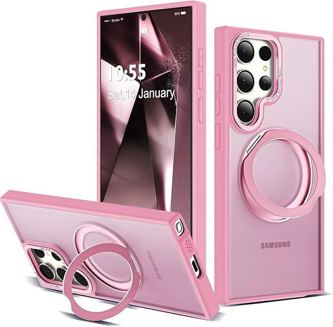 Compatible with Samsung Galaxy S24 Ultra Case with 360Rotatable Magnetic Ring Stand Compatible with Mag-Safe Military Protection Matte Translucent Phone Cases for S24 Ultra 6.8",Pink