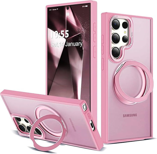 Compatible with Samsung Galaxy S24 Ultra Case with 360Rotatable Magnetic Ring Stand Compatible with Mag-Safe Military Protection Matte Translucent Phone Cases for S24 Ultra 6.8",Pink