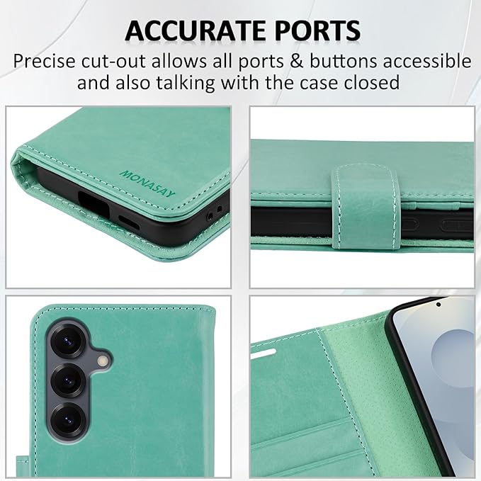 MONASAY Wallet Case Fit for Samsung Galaxy S25+ Plus 5G, [Lens & Glass Screen Protector Included] [RFID Blocking] Flip Folio Leather Cell Phone Cover with Credit Card Holder, 6.7 inch, Mint