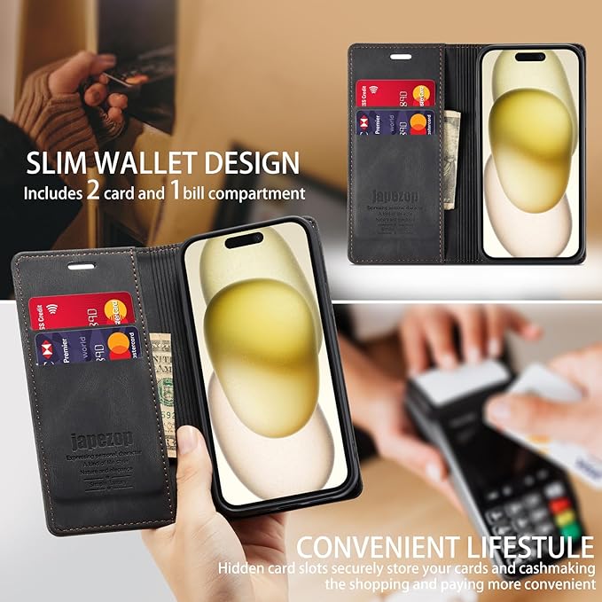 japezop iPhone 15 5G Wallet Case with [RFID Blocking],Card Holder Kickstand Magnetic,Leather Flip Case Wallet for iPhone 15 5G 6.1 Inch(Black)