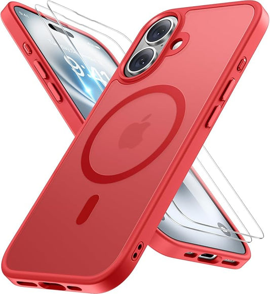 Miracase Magnetic Series for iPhone 16 Case [Compatible with MagSafe] [with 2X Screen Protectors] Military-Grade Protection, Anti-Fingerprint, Slim Phone Case for iPhone 16 6.1 inch - Red