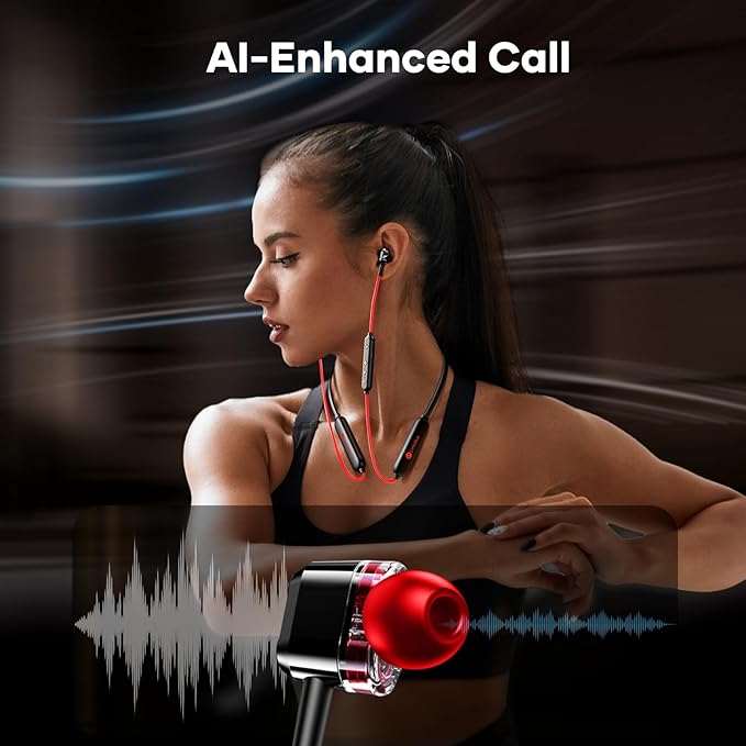 LINKLIKE Neckband Bluetooth Earbuds Wireless, Sports Earphones with 100H Playtime, HD Sound with 4 Drivers, Earbuds Around Neck Secure Fit IPX7 Waterproof for Running,Gym,Workout-Red