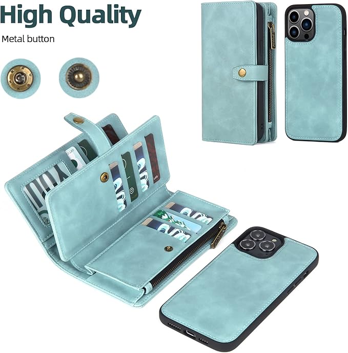 TwoHead for iPhone 13 Pro Wallet Case with Card Holder & Detachable Magnetic Phone Case, PU Leather Shockproof Protective Cover,Wrist Strap(Dream Blue)