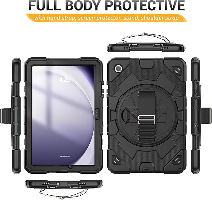 HXCASEAC Case for Samsung Galaxy Tab A9 Plus/A9+ 11 Inch with Screen Protector/Adjustable Hand Strap/Pen Holder, 3-Layer Drop Proof SM-X210/X216/X218- Black