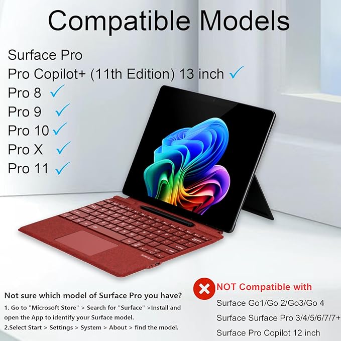 mobee Type Cover for Microsoft Surface Pro 13 inch, Compatible with Surface Pro 13"(11th Edition) / Pro 11 / Pro 10 / Pro 9 / Pro 8 / Pro X, Slim Keyboard with Trackpad Mouse, Backlit, & Pen Holder