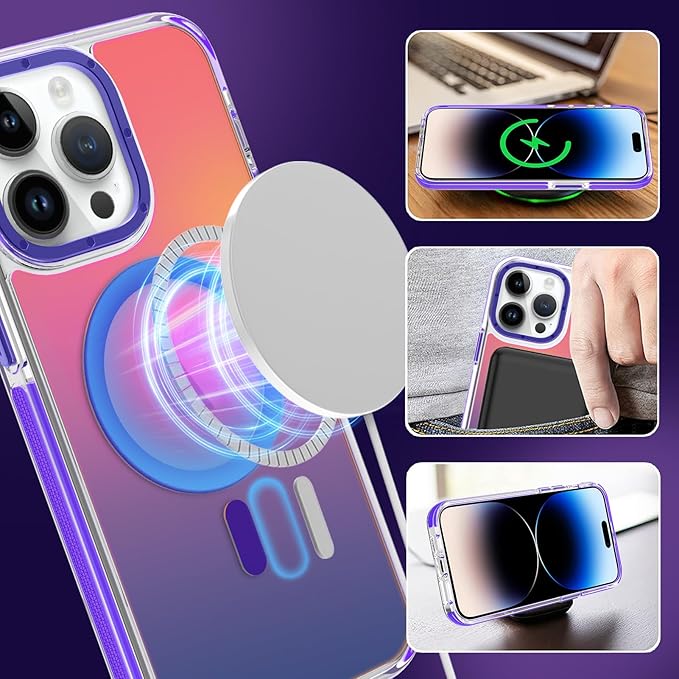 MOWIME Magnetic Case for iPhone 14 Pro Max [Compatible with Magsafe] [Cute Fashion Fluorescent Design] [1 Screen Protector] Slim Translucent Matte Case for iPhone 14 Pro Max 6.7" 2022, Purple