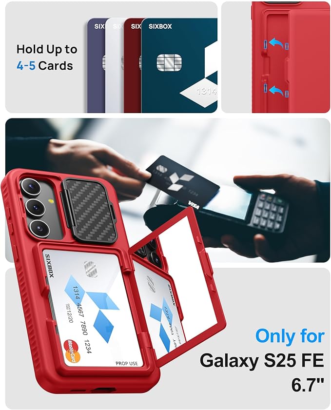 for Samsung Galaxy S25 FE Wallet Case with Card Holder & Camera Lens Cover Stand, Military Grade Drop Protection Shockproof Rugged Stand Protective Phone Case for S25 FE 6.7" 2025, Red