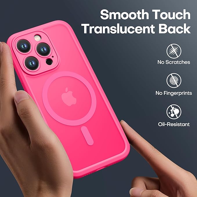 ImpactStrong Magnetic Guard Designed for iPhone 15 Pro Case [Camera Protection] [Military Grade Drop Tested] [Compatible with MagSafe] Slim Translucent Matte Phone Case (6.1") - Hot Pink