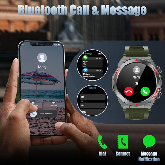 Military Smart Watch, 1.52-Inch Smartwatch with Text and Call, Heart Rate, Blood Oxygen, and Activity Trackers - Compatible with iPhone and Android, for Men and Women (Classic, Green)