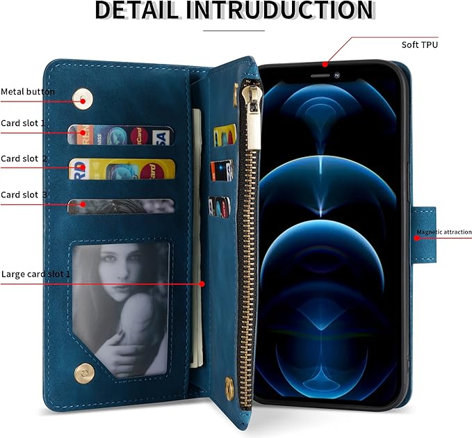 ZZXX for iPhone 12 Case Wallet with Card Slot Premium Soft PU Leather Zipper Flip Folio Wallet with Wrist Strap Kickstand Protective for iPhone 12 (Blue 6.1 inch)