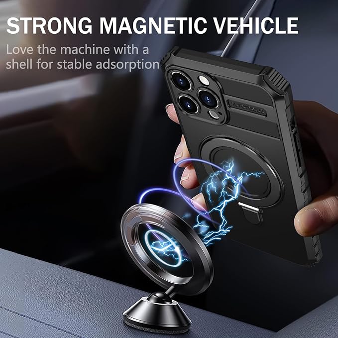 for iPhone 12 Pro Case Magnetic Compatible with MagSafe Wireless Charging,with 2 Screen Protector,with Kickstand Ring Shockproof Shock-Absorbent Heavy Duty Protection Scratch Resistant Black