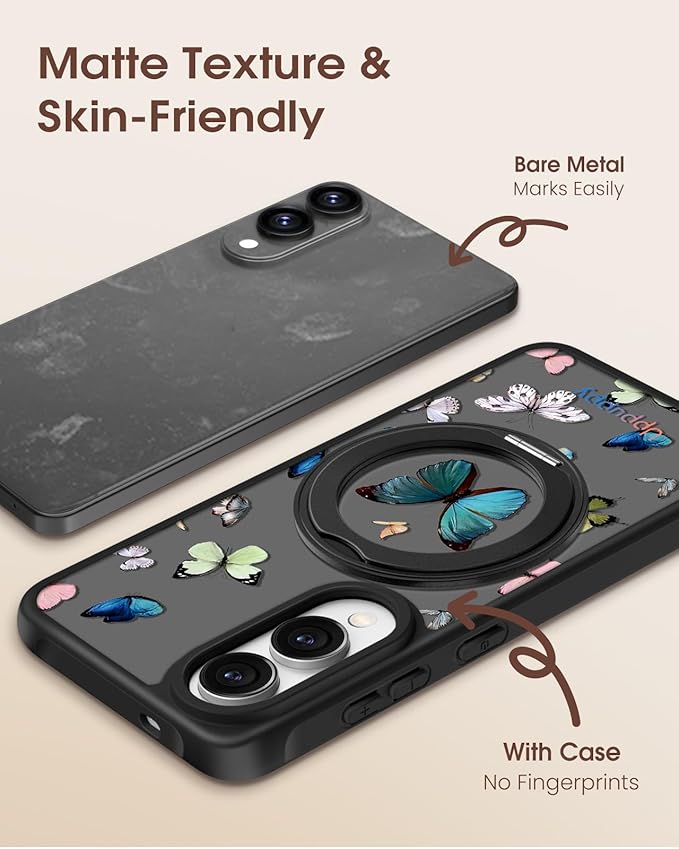 for Samsung Galaxy S25 Edge Case with 360° Rotatable Magnetic Ring - Compatible with MagSafe, Semi-Transparent Soft-Touch Material Shockproof, Cute Butterfly Design for Women Girl