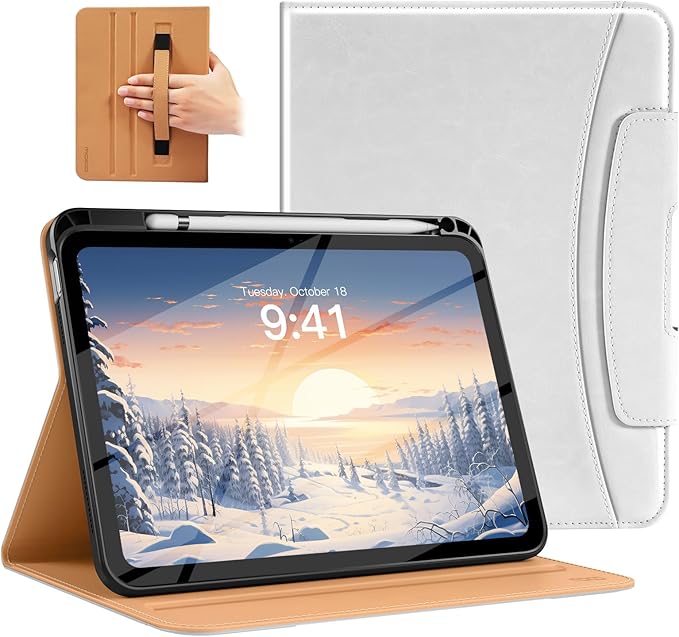 MoKo for iPad (A16) 11th Generation Case 11 inch 2025, iPad 10th Generation Case 10.9" 2022 with Pencil Holder & Pocket, Premium Leather Folio Stand Cover, Multiple Viewing Angles, White
