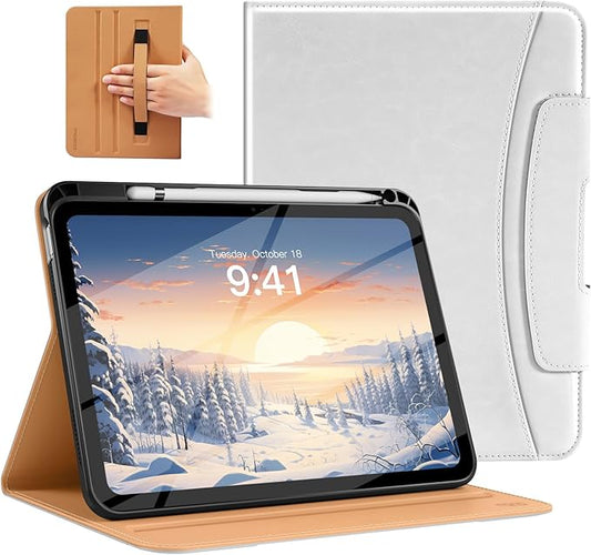 MoKo for iPad (A16) 11th Generation Case 11 inch 2025, iPad 10th Generation Case 10.9" 2022 with Pencil Holder & Pocket, Premium Leather Folio Stand Cover, Multiple Viewing Angles, White