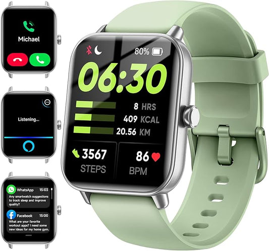 Smart Watches for Men Women Android & iPhone, Alexa Built-in, 1.85" Fitness Tracker with Answer/Make Calls, IP68 Waterproof Fitness Watch,Heart Rate, Sleep, SpO2 Monitor,Pedometer,Green