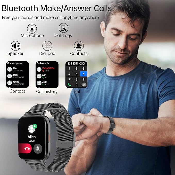 Smart Watch for Men Women (Answer/Make Calls) 1.85" HD Fitness Tracker Smartwatch Compatible Android iOS Phones with Step Counter/Heart Rate/Sleep,120+ Sports Modes IP68 Waterproof, Black 2 Bands