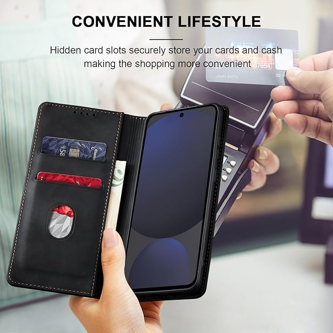 Jasonyu Flip Wallet Case for Samsung Galaxy S24 FE,Leather Magnetic Folio Cover with Card Holder,Kickstand - TPU Shockproof Durable Protective Phone Case,Black