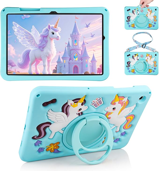 HianDier for Samsung Galaxy Tab A9+ Plus Case Kids Cute Unicorn Silicone for Samsung A9 Plus Tablet Case with Detachable Strap and Rotatable Stand Shockproof Cover for Galaxy Tab A9+ 11" 2023-Blue