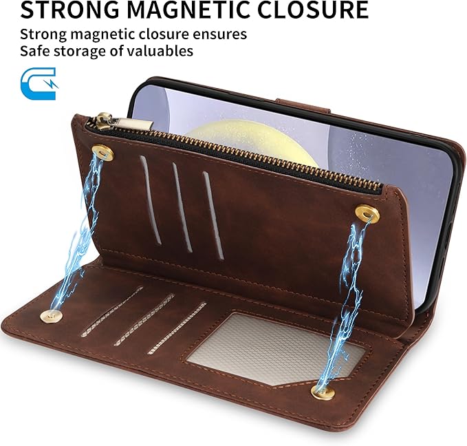 ZZXX for Samsung Galaxy S24 Plus Wallet Case with RFID Blocking Card Slot PU Leather Zipper Flip Folio with Strap Kickstand Protective Cover for Samsung Galaxy S24+ Case Wallet(Coffee-6.7 inch)