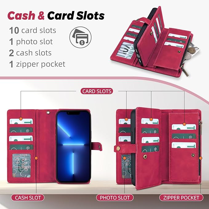 TwoHead for iPhone 13 Pro Wallet Case with Card Holder & Detachable Magnetic Phone Case, PU Leather Shockproof Protective Cover,Wrist Strap(6.1 in,Wine Red)