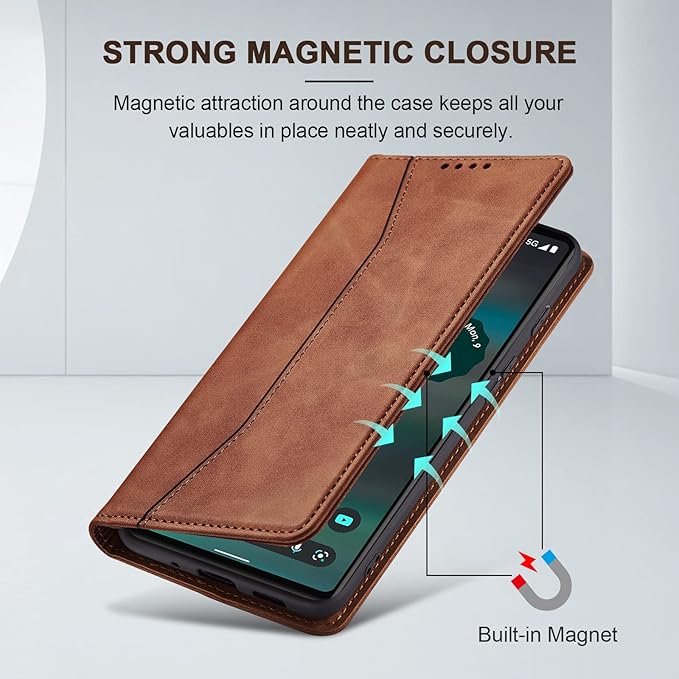 Jasonyu Flip Wallet Case for Google Pixel 6A 5G,Leather Magnetic Folio Cover with Card Holder,Kickstand - TPU Shockproof Durable Protective Phone Case,Brown
