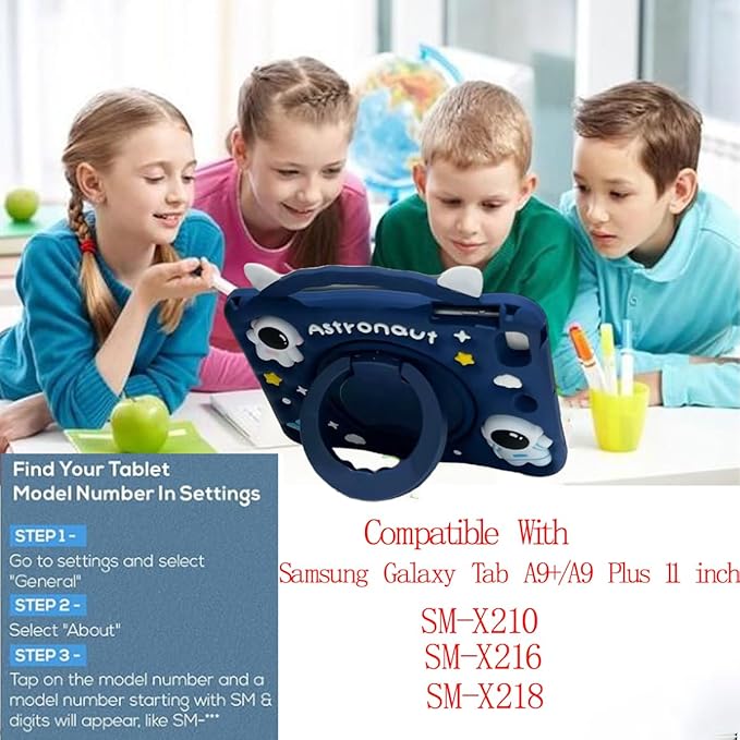3D Cute Press Astronaut Case for Samsung Galaxy Tab A9+/A9 Plus 11 inch 2023 SM-X210/X216/X218,Kawaii Cartoon Character Space Soft Silicone Rotating Stand Case with Lanyard for Kids Teens Girls Women