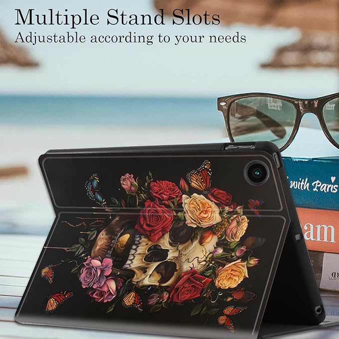Case for Samsung Galaxy Tab A9+ 11 Inch 2023 Release (SM-X210/X216/X218), Adjustable Stand Auto Wake/Sleep Smart Case for Galaxy Tab A9 Plus Tablet - Butterflies, Roses and Skull