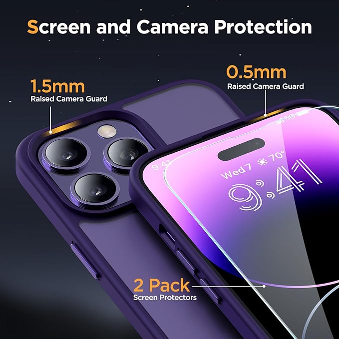 Miracase Magnetic for iPhone 14 Pro Max Case 6.7 inch (Compatible with MagSafe)（with 2X Screen Protectors） Military-Grade Protection, Anti-Fingerprint Translucent Matte Phone Case Cover, Dark Purple